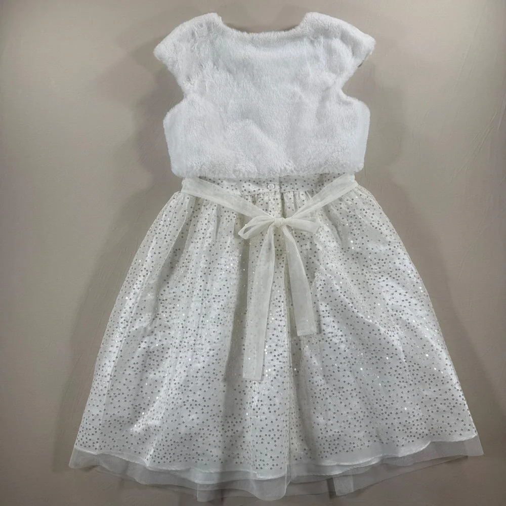 Jona Michelle Girls Sequin Party Dress with Faux Fur Bolero Shrug White Size 12‎